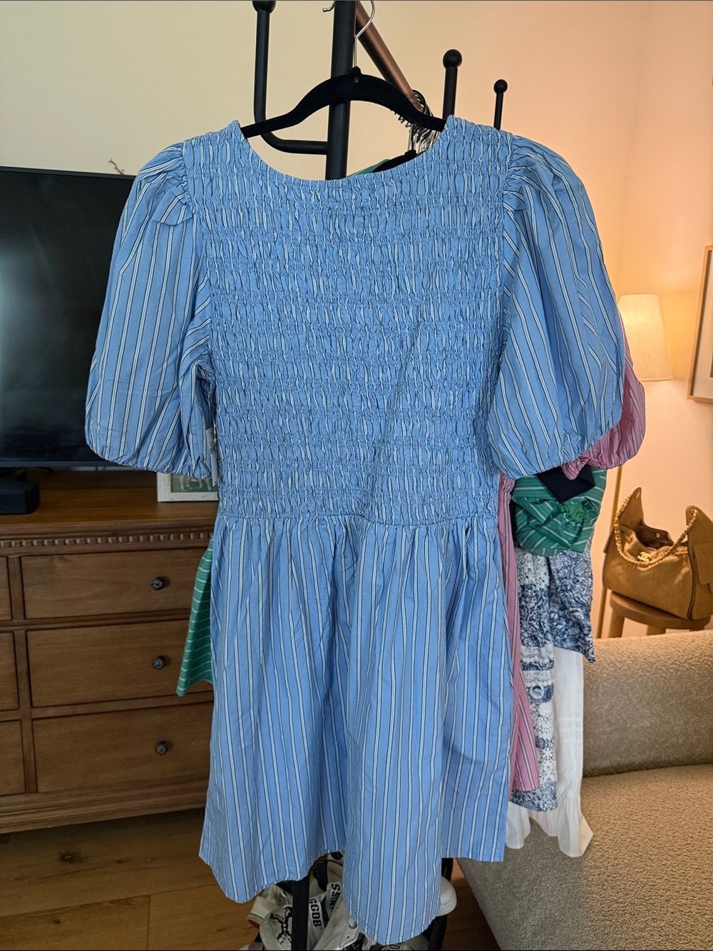 Old navy Blue Striped Smocked Puff-Sleeve Dress - Picture 2 of 3